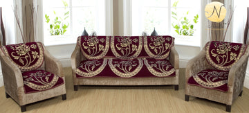 Nendle Floral Design Chenille 5 Seater Sofa Covers Set (Maroon, Set of 6 Pieces)